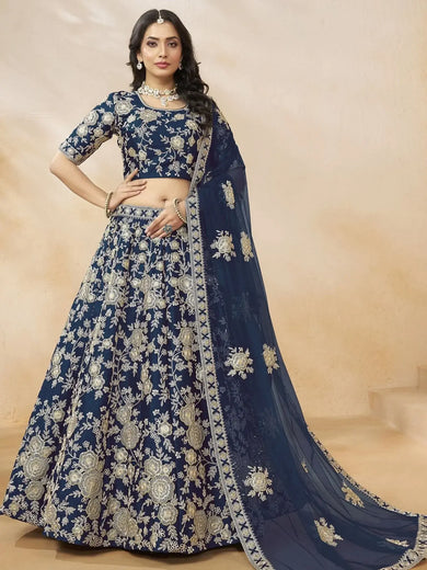 Attractive Blue Silk Embroidered Lehenga Choli With Dupatta - Ethnic Plus In
